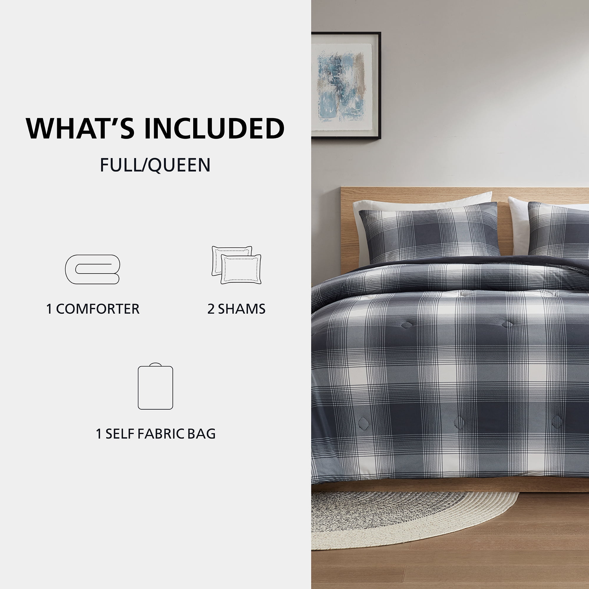 Mainstays Shadow Plaid 3-Piece Grey Comforter Set, Full/Queen