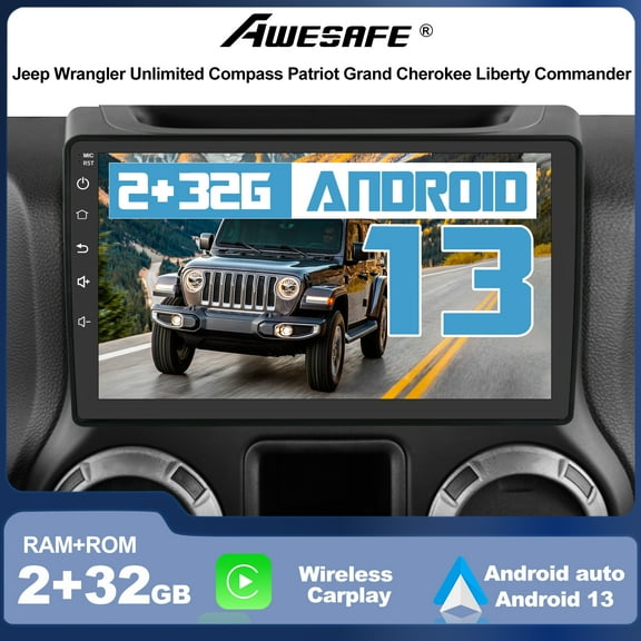 AWESAFE Car Radio Stereo Upgrade for Jeep Wrangler JK 2007-2018 Dodge Ram Android 13 with Wireless CarPlay Android Auto Bluetooth WIFI FM Backup Camera