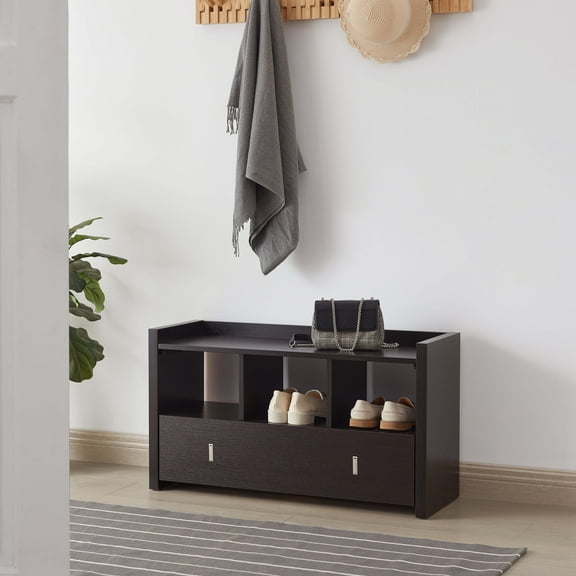 Espresso Shoe Entry Bench with Drawer - Shoe Storage Organizer for Entryway