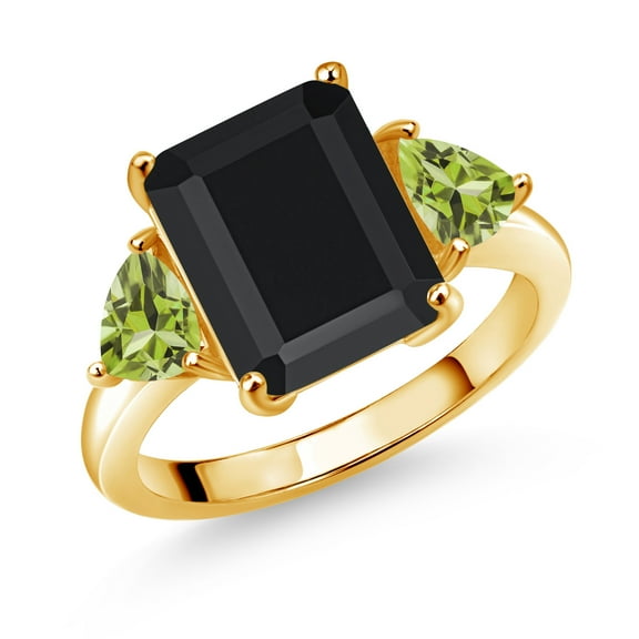 Gem Stone King 18K Yellow Gold Plated Silver Black Onyx and Green Peridot 3 Stone Ring for Women (6.73 Cttw, Octagon 12X10MM, Trillion 5X5MM, Gemstone December Birthstone, Size 7)