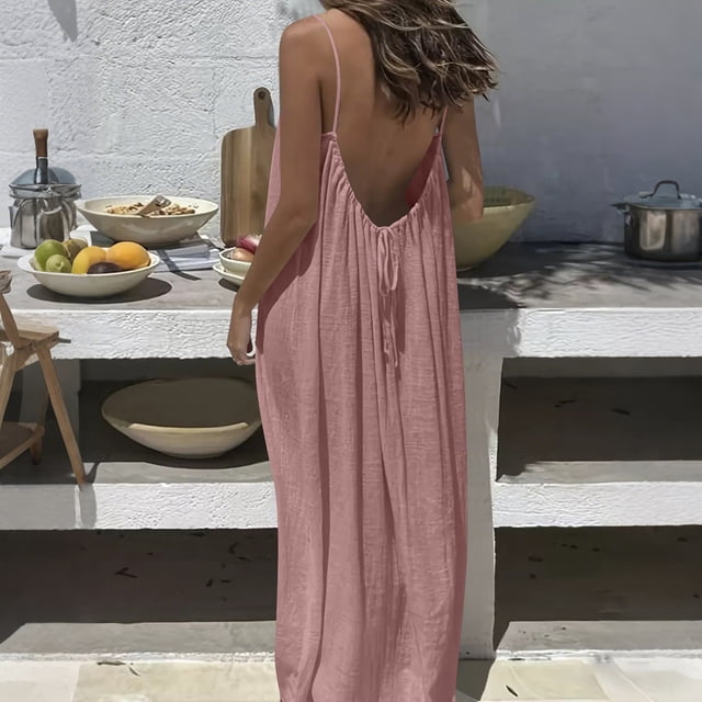 TaTaai Women's Backless Halter Maxi Dress Loose Fit Sleeveless Ankle Length Solid for Lounge Home Wear Casual Summer Daily Soft Gift