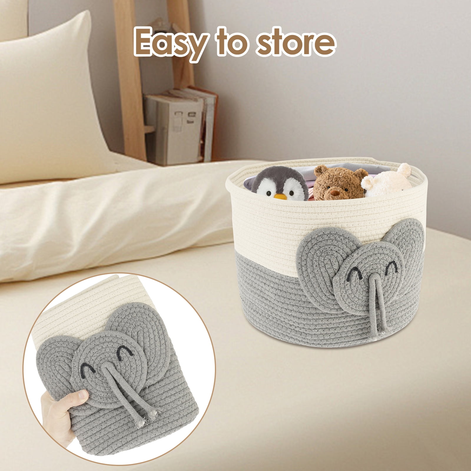 AEVXKHI Cute Laundry Basket Hamper, Versatile Toy Storage Basket, Elephants Cotton Rope Basket, Safe Cotton Rope Basket Soft Toy Storage Woven Baskets