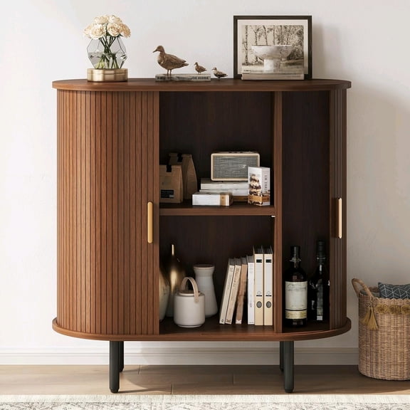 31.5” Sideboard Buffet Cabinet with Storage，Accent Storage Cabinet with Sliding Door & Adjustable Shelf, Suitable for Modern Buffet Cabinets in Kitchens, Living Room, Entryway, Walnut$$