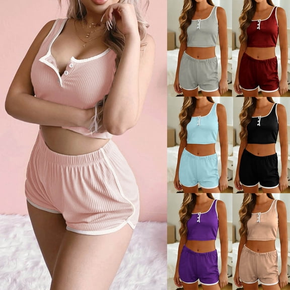 Frostluinai Comfy Sets for Women Clothing Summer Lounge Sets 2 Piece Scoop Neck Crop Tank Tops with PJS Shorts Conjuntos Para Mujer Wine XL