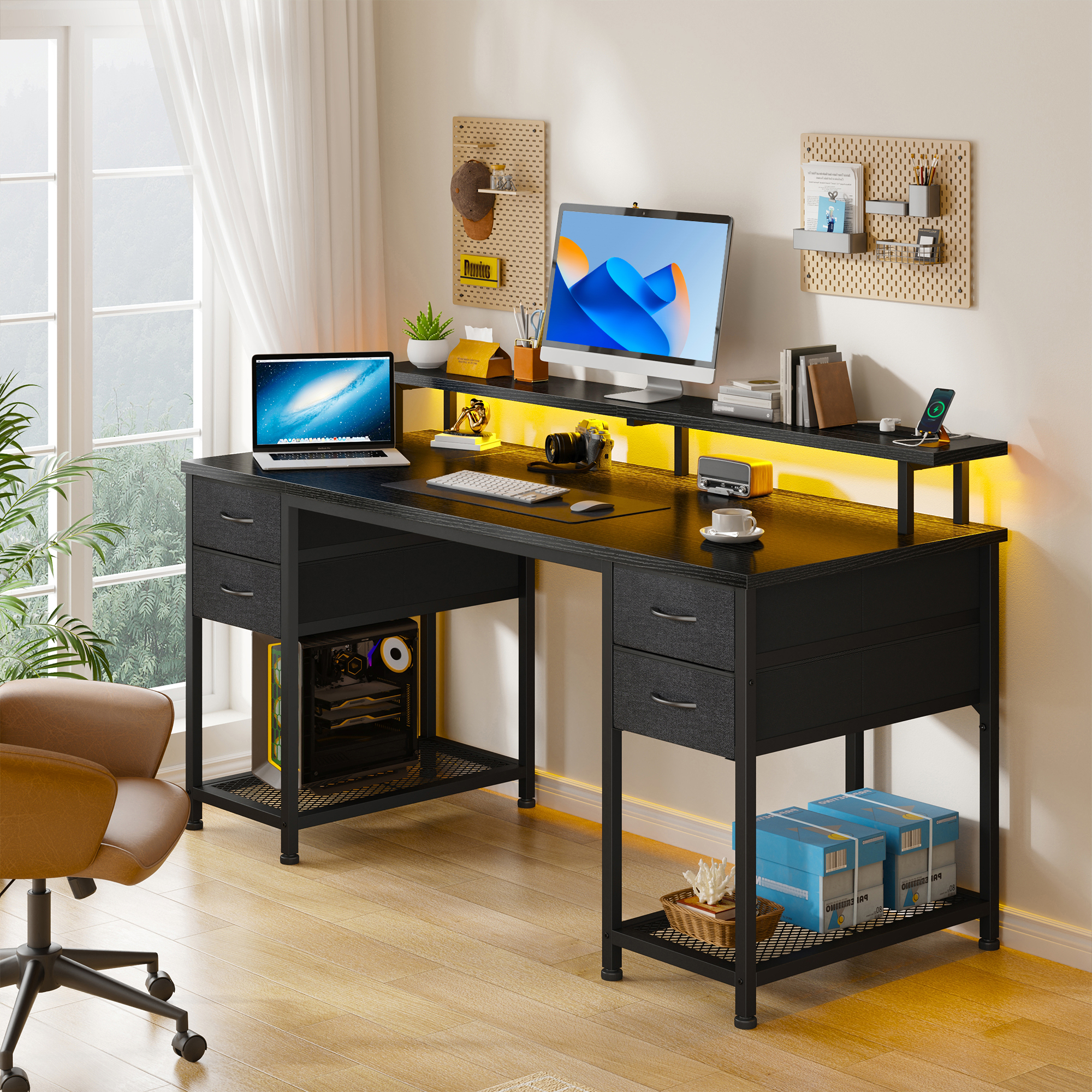 EnHomee Office Desk with 4 Fabric Drawers Gaming Desk with LED Light & Power Outlets Computer desk for Bedroom,Black