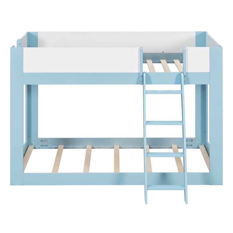 Twin-Over-Twin Low-Profile Bunk Bed with Guardrails, Wooden Kids Bed with Reversible Ladder, Accent Two-Tone Bed Frame