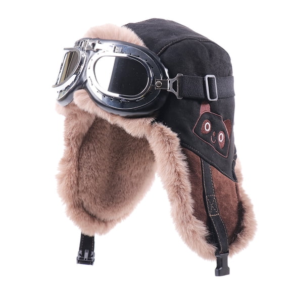 Okli_Rsoe Winter Trapper Hat with Goggles, Cute Panda Embroidery, Warm Pilot Cap, Polyester, Black, Adult Men's