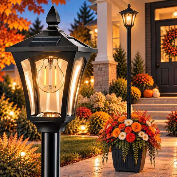 76" Solar Lamp Post Lights with Planter, Glass & Metal Street Light Outdoor Waterproof, 60 Lumens Dusk to Dawn for Garden Yard Driveway Porch Patio, Warm White