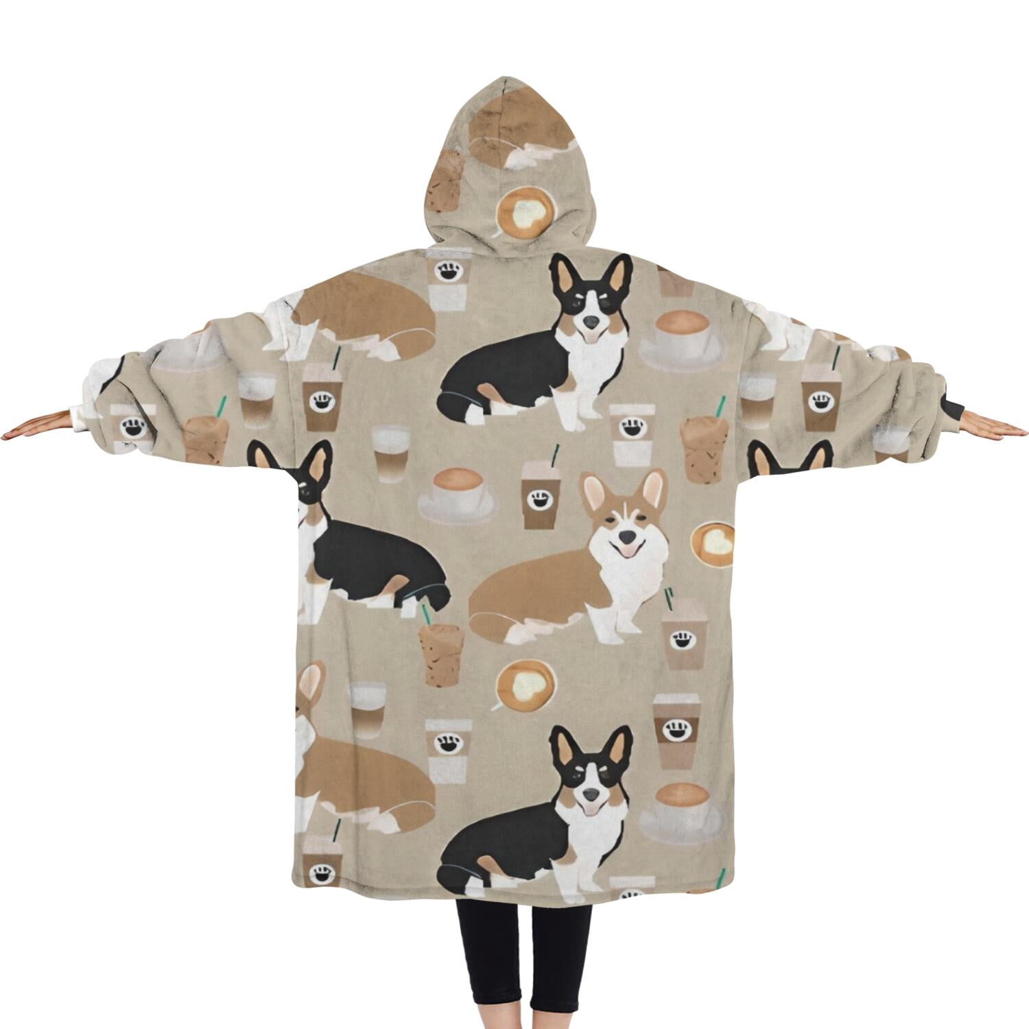 Oversized Wearable Blanket Hoodie,Cartoon Corgi and Coffee Sherpa Blanket Hoodie with Super Pockets,Super Warm Fuzzy Pullover for Women & Men