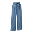 thumbnail image 4 of Women's Cotton Linen Wide Leg Pants, High Waist Tie Front Button Decor Textured Trousers with Pockets All-Day Comfort for Work, Office, Travel, Daily | TruBelle,Sky Blue L, 4 of 9