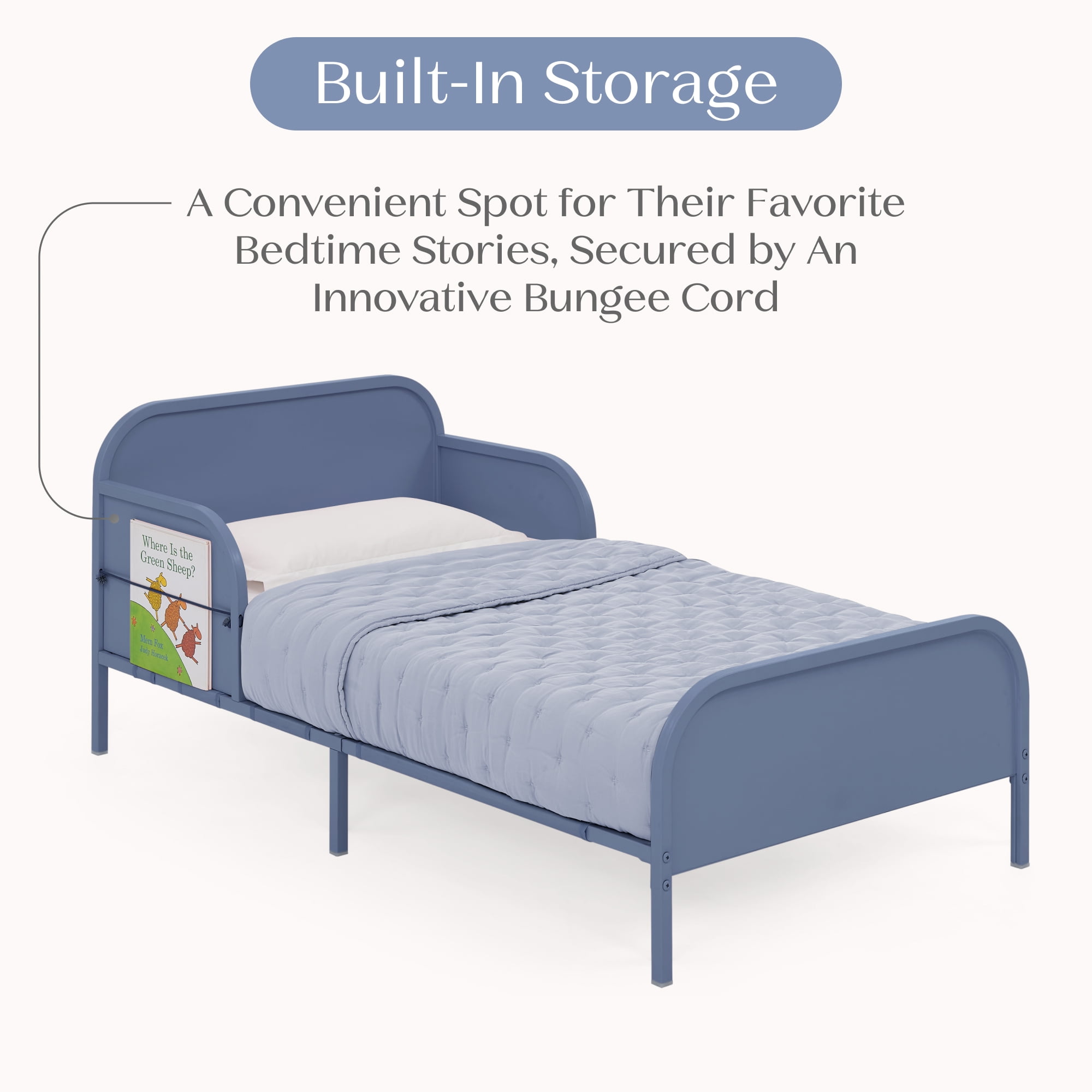 Delta Children Magic Magnet Toddler Bed with Customizable Magnets & Built-In Book Storage, Denim Blue