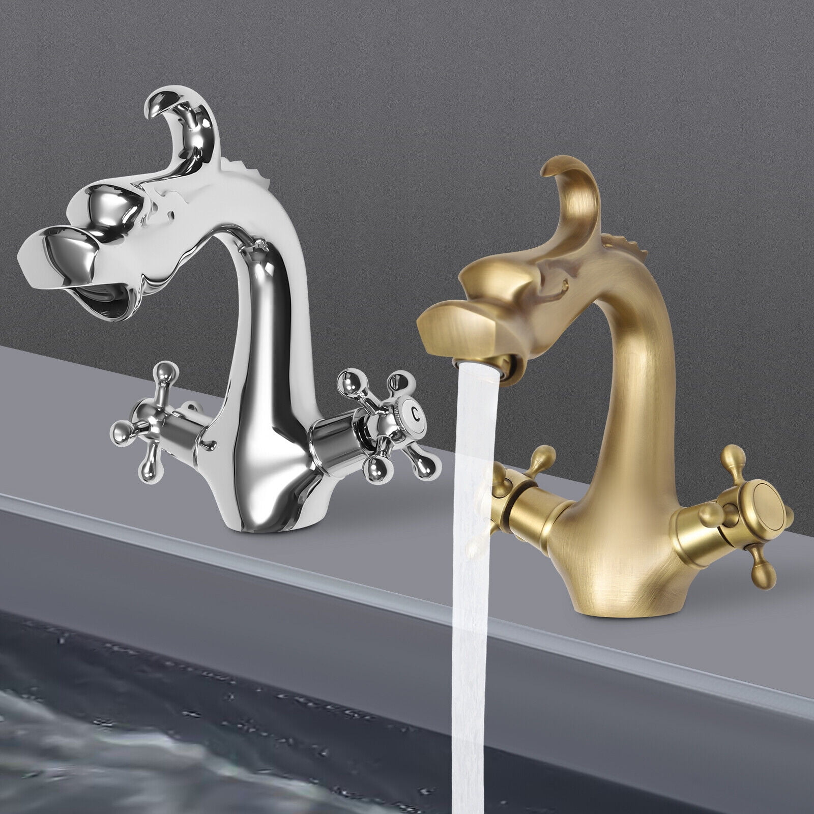 Dragon Shape Silver/Gold Two-Handle One Hole Bathroom Sink Mixer Tap Faucet for Homes, Restaurants, Shopping Centers
