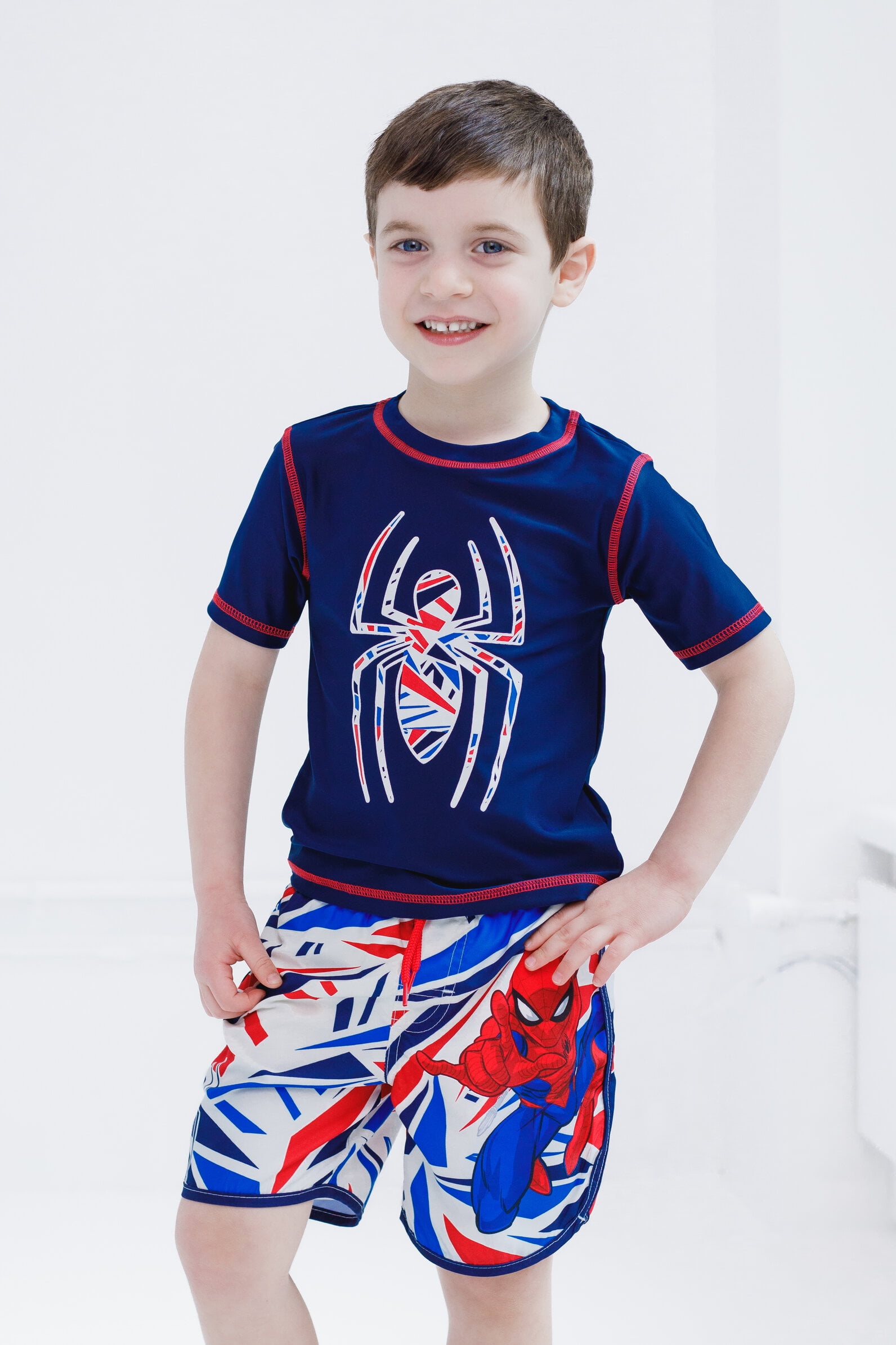 Marvel Spider-Man Little Boys' Swimwear 2-Piece Rashguard and Swim Trunks Set Spider Man Navy Shard