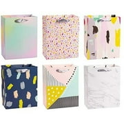 Birthday Gift Bags - 12-Pack Kraft Treat Goodie Bags - for Birthday, House Warming, Bridal Shower, Baby Shower, Wedding | 6 Colorful Designs with Handles, Medium, 10 X 8 X 4.5 inches