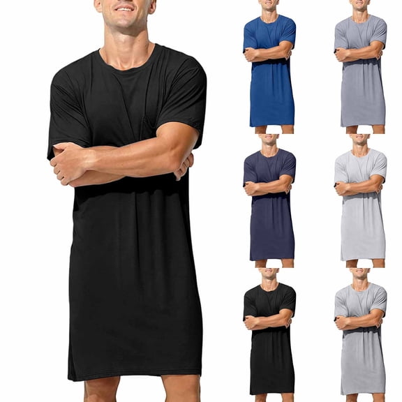 OVAFBAU Mens Robes Bathrobes Casual Summer Short Sleeve Crew Neck Thin Pocket Robe Sleepwear