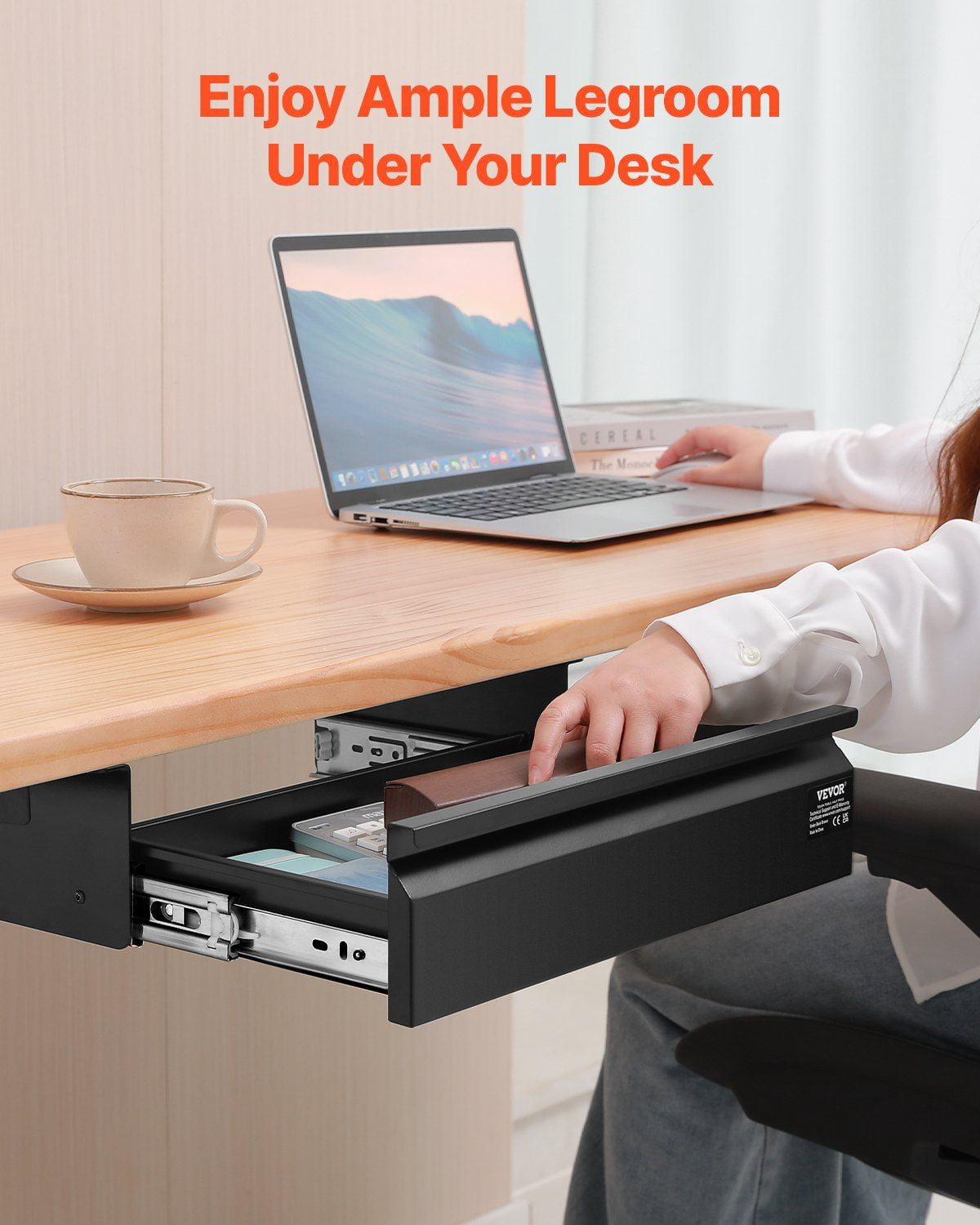 16 Inch Wide Under Desk Slide Out Drawer Hidden Storage Organizer 17x9x4 Inches for Office Home Sit Stand Workstation