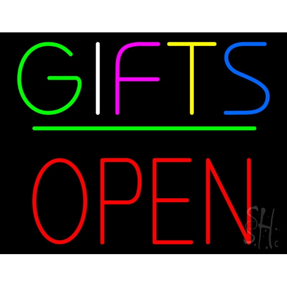 Gifts Block Open Green Line LED Neon Sign 24" Tall x 31" Wide - inches, Black Square Cut Acrylic Backing, with Dimmer - Premium built indoor Sign for Storefront, Store interior.