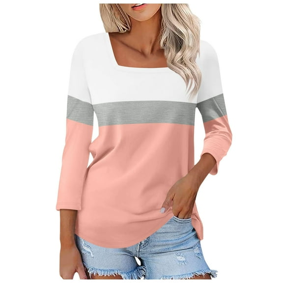 Women's Long Sleeve Shirts Square Neck Color Block Dressy Casual T-Shirts Fall Trendy Work Clothes 2025