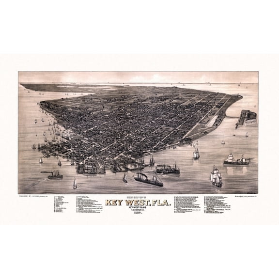 Historic Map of Key West Florida 1884 Monroe County Canvas Art - (18 x 24)