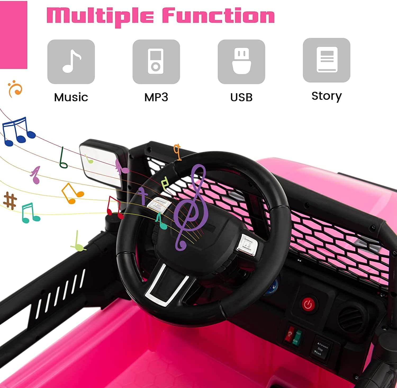 OLAKIDS Kids Ride On Truck, 12V Electric Vehicle Jeep Car with Remote Control, Toddlers Battery Powered Toy with 2 Speeds, Spring Suspension, Double Open Doors, LED Lights, Music, USB, Mp3 (Pink)