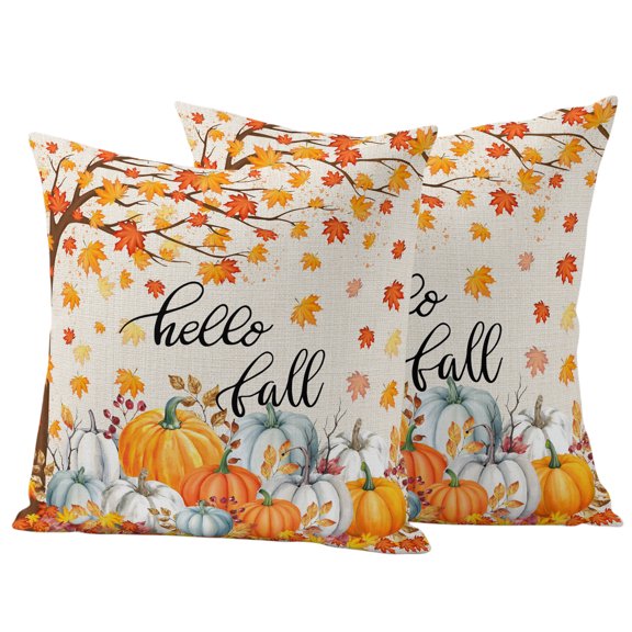 Outdoor Pillow Covers 24x24 Set of 2, Thanksgiving Waterproof Patio Throw Pillow Covers for Couch Sofa Chair, Orange White Pumpkin Maple Leaf Branches Decorative Pillowcases for Throw Pillows