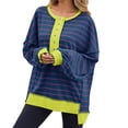 thumbnail image 3 of Womens Oversized Color Block Striped Sweatshirts Henley Shirts Casual Pullover Waffle Knit Tops, 3 of 7