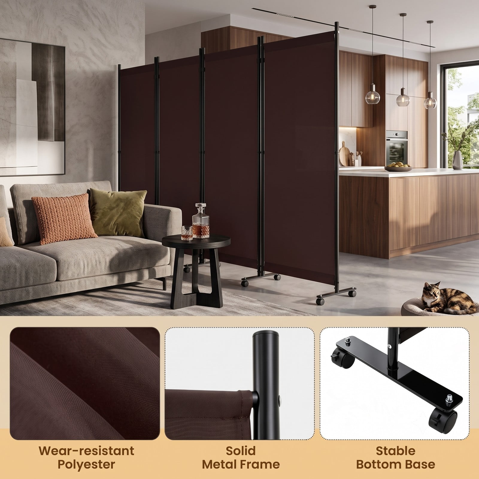 ALPULON 4 Panel Folding Privacy Screen Room Divider with Universal Wheels, Portable Freestanding Polyester Fabric Partition Panel for Bedroom Living Room Office, Brown