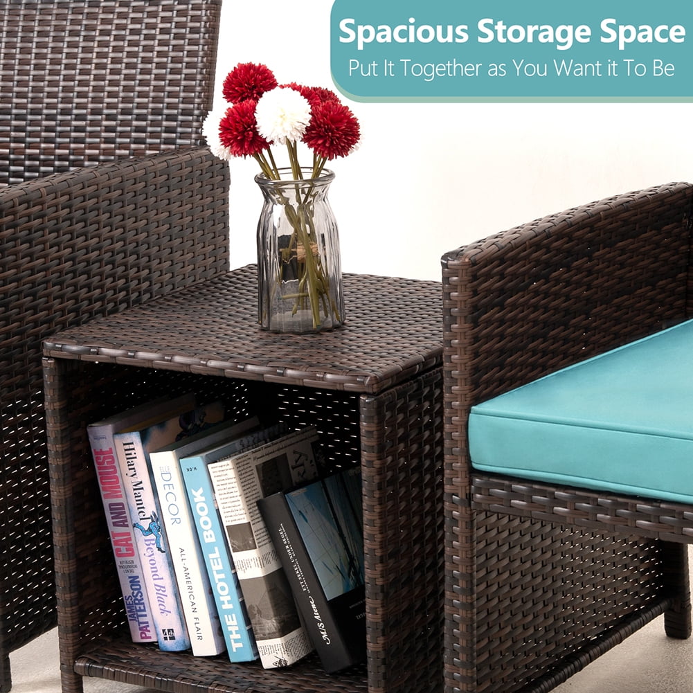 Kadyn 3 Pieces Outdoor Patio Wicker Furniture Sets, PE Rattan Chair Patio Conversation Sets with 2 Soft Cushions Single chairs and Coffee table, Rattan Conversation Set for Balcony, Teal Kadyn 3 Pieces Outdoor Patio Wicker Furniture Sets, PE Rattan Chair Patio Conversation Sets with 2 Soft Cushions Single chairs and Coffee table, Rattan Conversation Set for Balcony, Teal