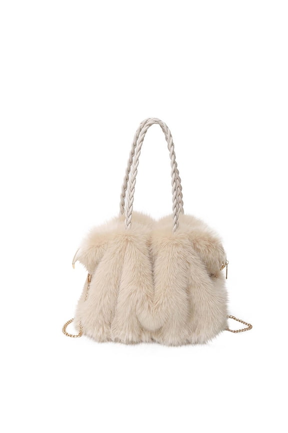 Beige Ladies Pleated Tote Bag With Shoulder Strap Fall Winter Style Made From Soft Faux Fur Material Roomy And Cozy