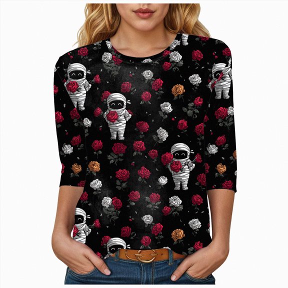 Godom Fall Shirts for Women Halloween Ghost Graphic Tees 3/4 Sleeve Tops Cute T-Shirt