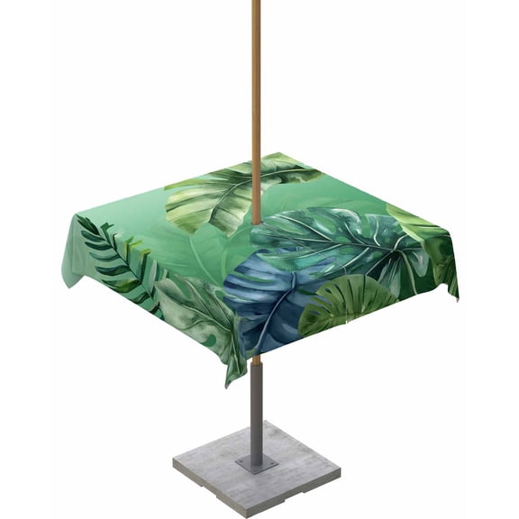 Outdoor Tablecloth with Umbrella Hole for Patio/Picnic/Party/Camping, Tropical Leaves Waterproof Table Cloth Square Cover Washable, Country Summer Botanical Green Plants 54"x 54"