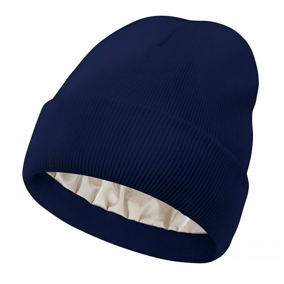 TELOLY Women Satin Lined Knit Beanie Hat Winter Hats for Women Men Silk Lining Soft Slouchy Warm Cuffed Beanie Hat (Navy Blue)