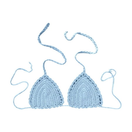 Swim Suits For Women Summer Solid Color Lace Up Halter Casual Crocheted Bikini Top Swimwears Bathing Suits Blue L