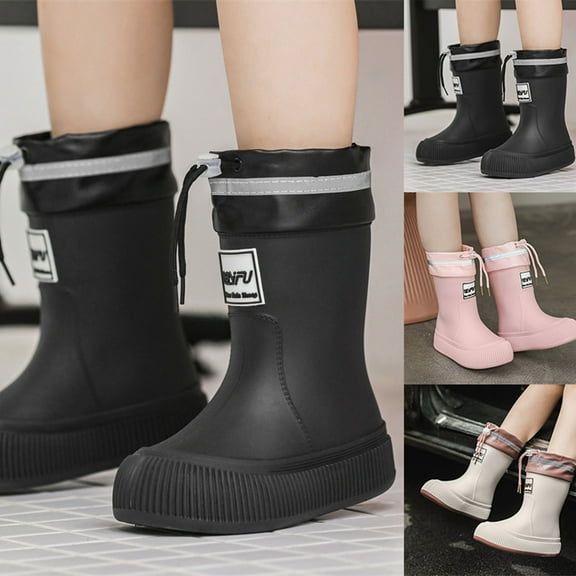 Hpapadks Girls Rain Boots Adjustable Drawstring Rainy Day Mid Calf School Outdoor Play Waterproof Water Shoes Non Lightweight Wide Calf Beige 19=30/31