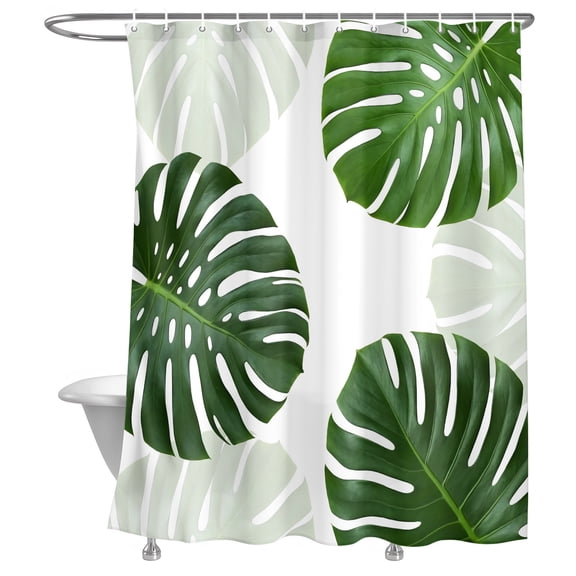 Monstera Leaves Shower Curtain, Modern Boho Minimalist Tropical Green Botanical Lightweight Waterproof Fabric Shower Curtain with Rustproof Grommets for Bathroom Bathtub 72x96in