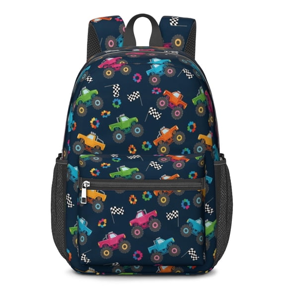 Monster Cartoon Truck Black Pattern 17" School Backpacks for Teens,Waterproof Oxford Fabric,S-Shape Padded Straps for School,Travel,Hiking,Camping