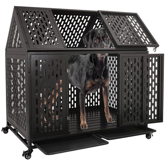 44 Inch Heavy Duty Indestructible Dog Crate with Wheels, Steel Escape-Proof Indoor Double Door High Anxiety Cage, Durable Chew-Proof Strong Kennel with Removable Tray for Large Medium Dogs