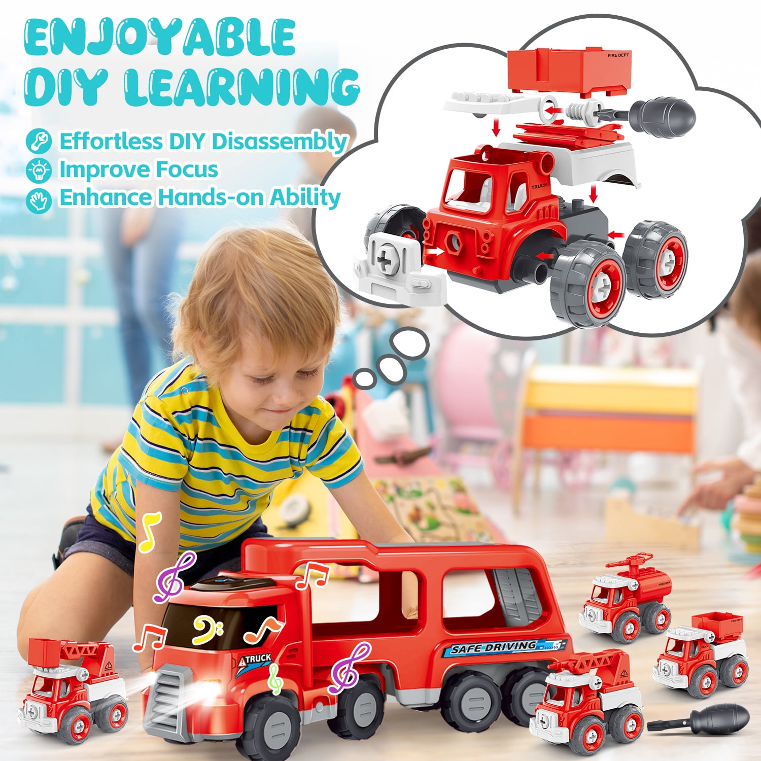 WonderStone 5-in-1 Fire Truck Toy with Light & Sound, Push Cars for Boys Kids 1-8 Birthday Gift
