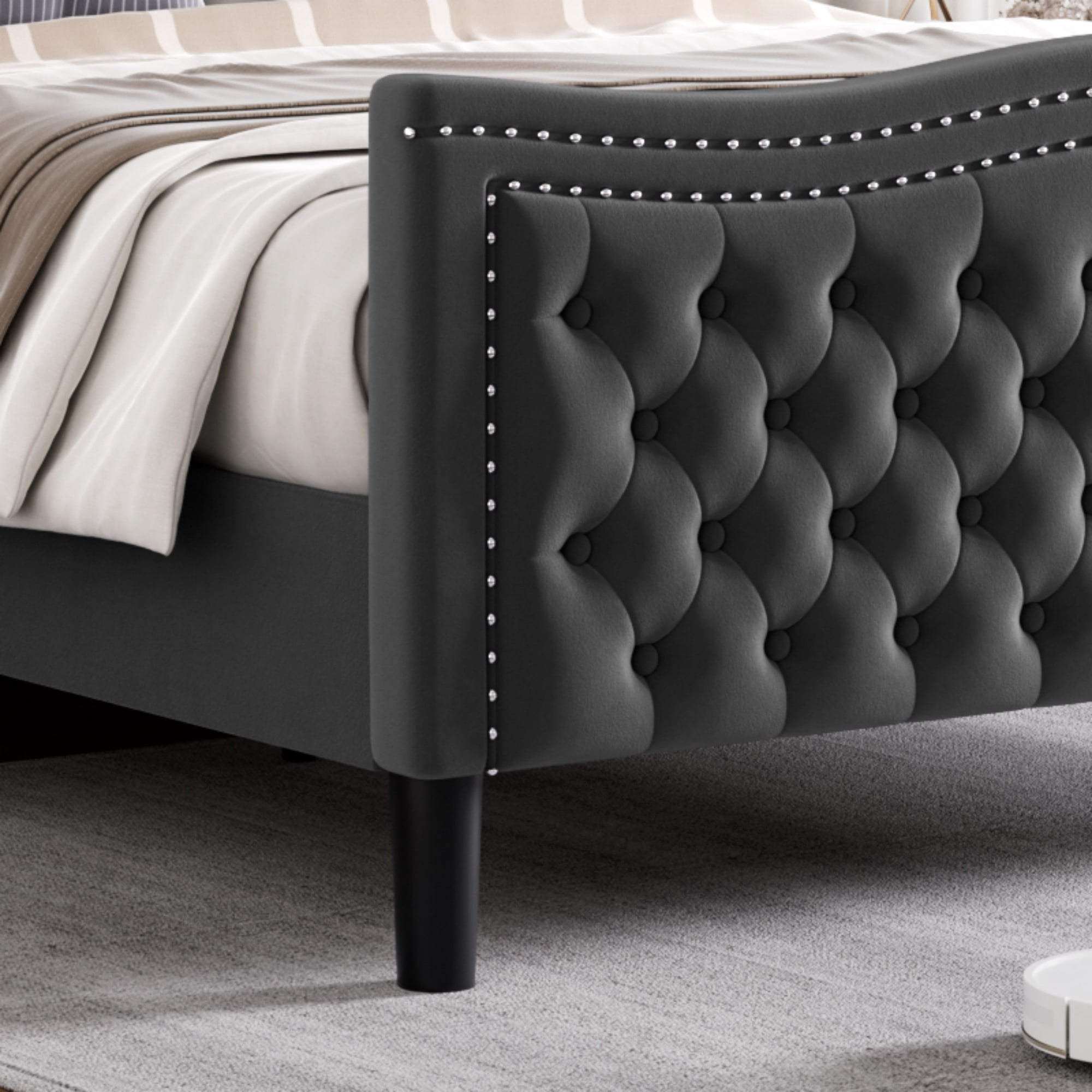 BSHTI Upholstered Queen Size Bed Frame – Diamond Tufted Wingback Headboard, No Box Spring Needed（Grey）