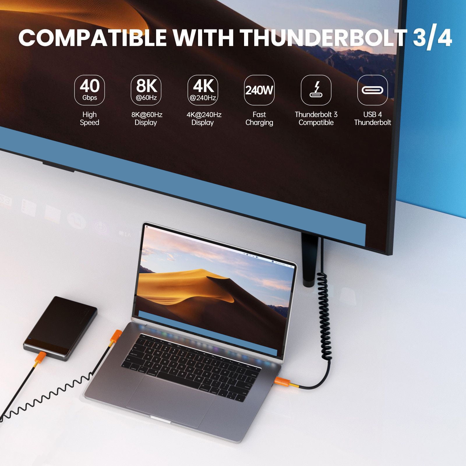 Spring Coiled Data Cable USB Type C Telescopic Charging Wire Line Adjustable Length up to 1.1m Support 240W Charging