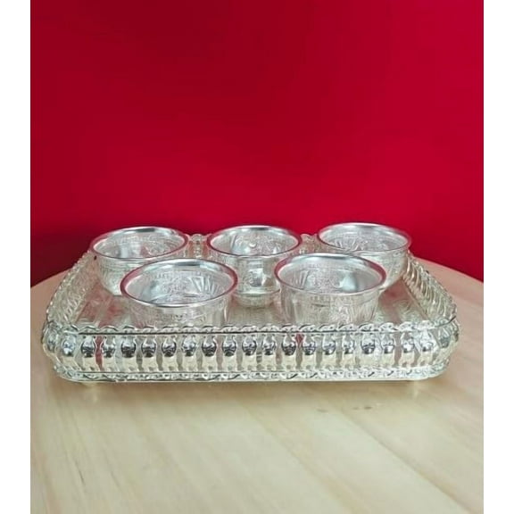 German silver tray with 5 bowl set for snacks/ fruits/ pooja/ home décor/ gift item on diwali