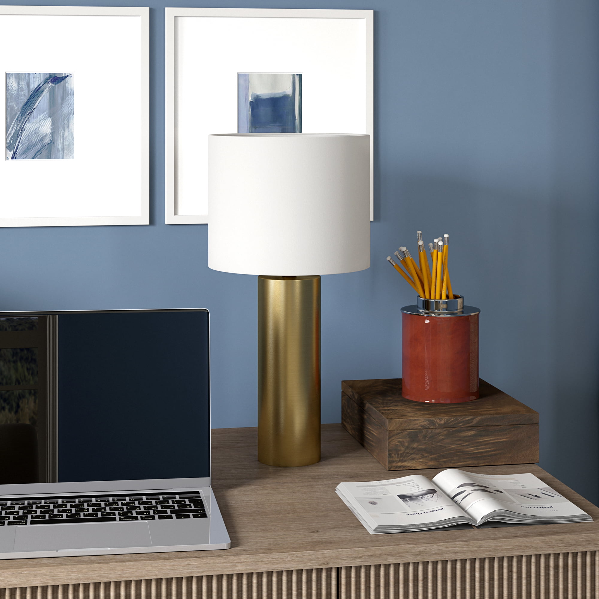 York 16" Tall Table Lamp with Fabric Shade in Brass/White