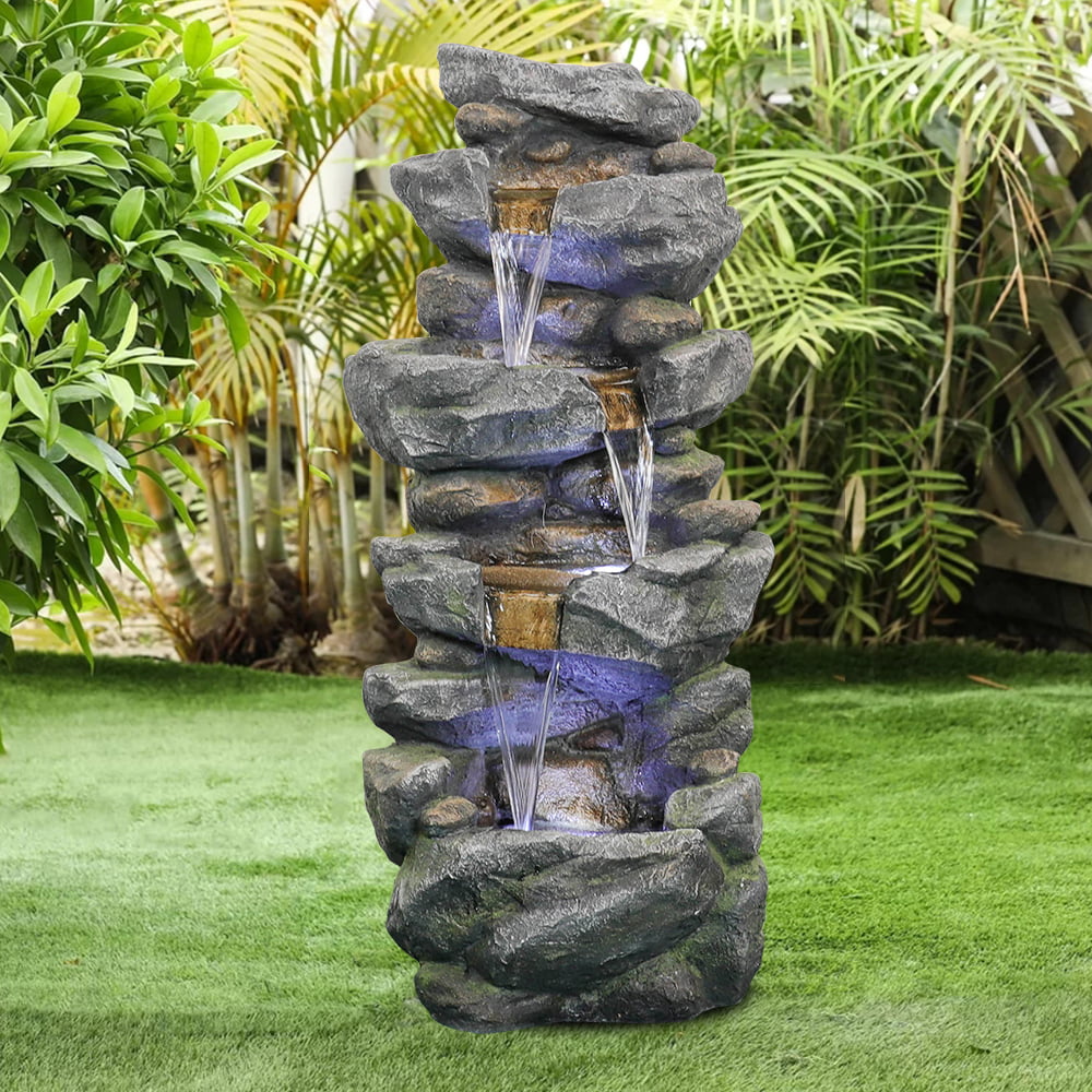 31" Electric Rock Water Fountain 4-Tier with LED Lights for Outdoor Garden Yard 