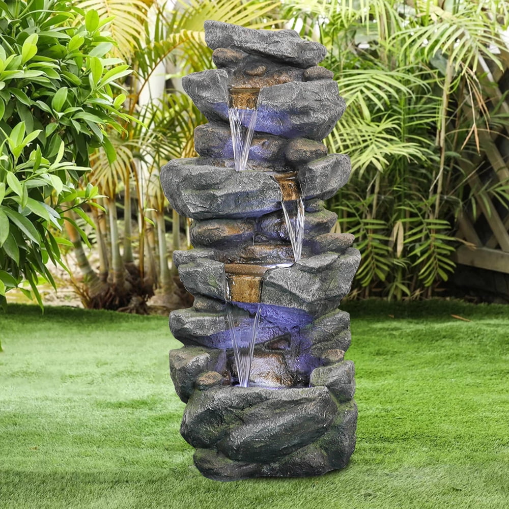 4-Tier Rock Water Fountain with LED Lights - Outdoor Water Fountain for
