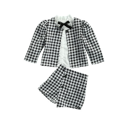 

Musuos Little Girls Houndstooth Blazer Cardigan Long Sleeve Shirts Plaid Shorts Skorts