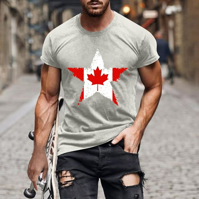 Tops para hombre, blusas y camisas de cuello redondo y manga corta para hombre. Camiseta de cuello redondo y manga corta con estampado de bandera canadiense para hombre. Blusa de algodón y poliéster p