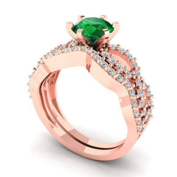 1.52 ct Brilliant Round Cut Emerald 14k Rose Gold Solitaire with Accents Engagement Bridal Wedding Ring Band Set size 6.25