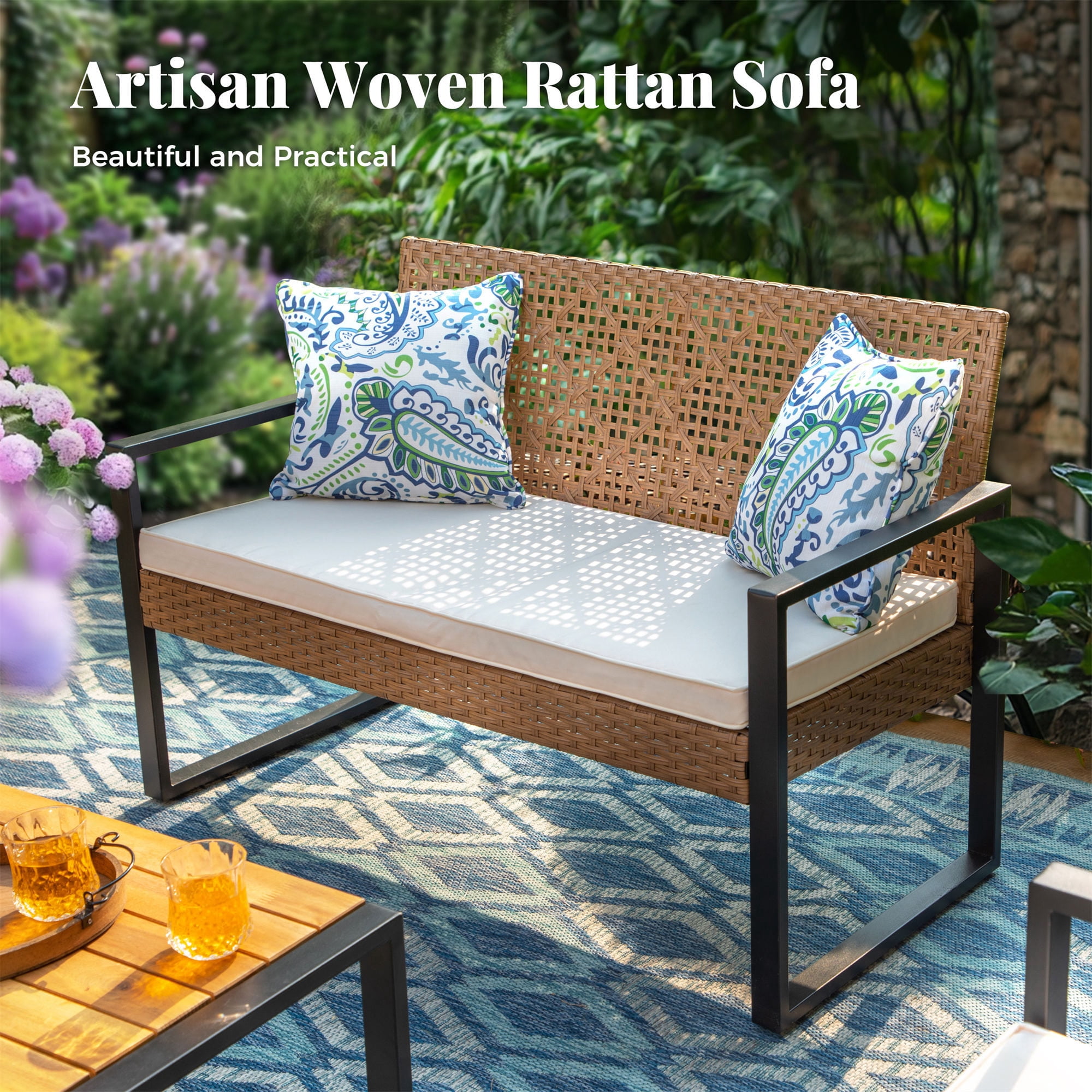 MF Studio 4-Piece Wicker Patio Furniture Set with Acacia Wood Table, Weather-Resistant Outdoor Conversation Set, Brown and Beige