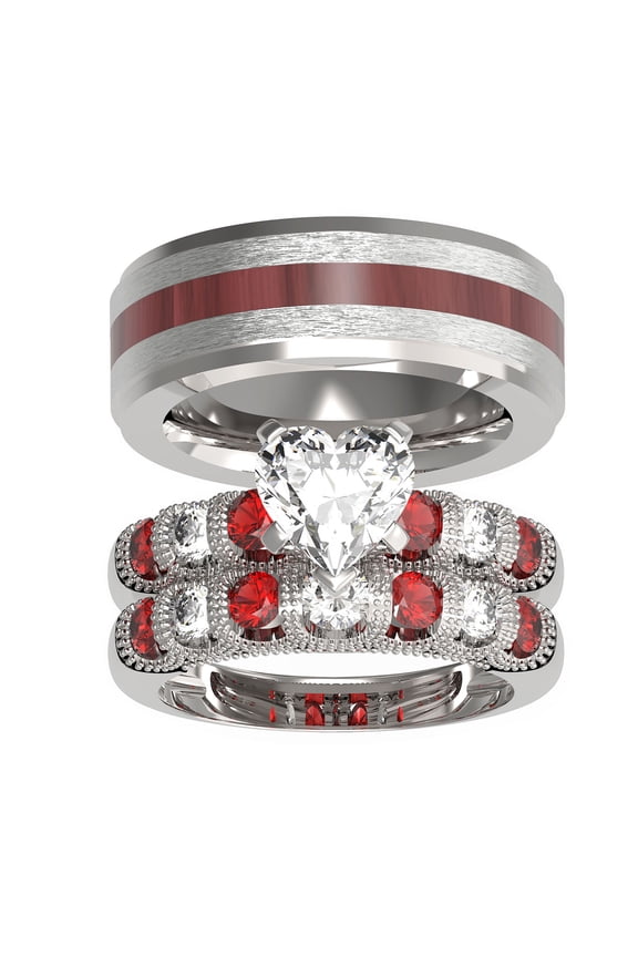 TWO RINGS Wedding Ring Sets His And Hers Promise Ring Couples Bridal Sets Women 925 Sterling Silver Heart Cut Red Moissanite Man Titanium Brushed Finished Wedding Band
