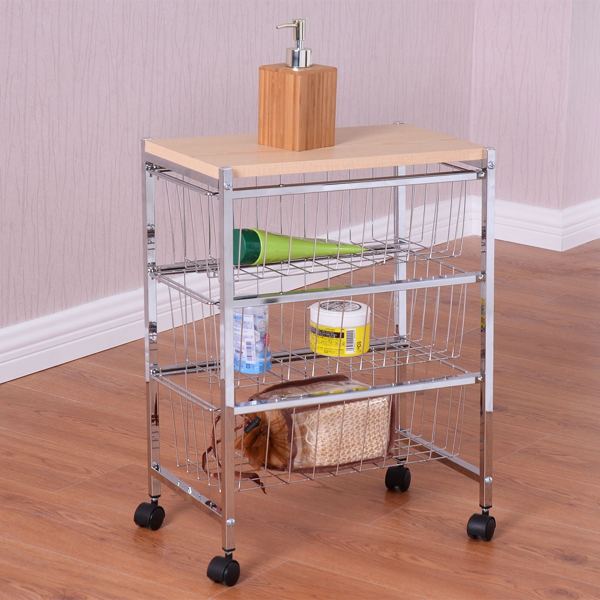 Costway 3 Tiers Rolling Baskets Rack Storage Trolley Cart Home Kitchen Garage W/Wood Top